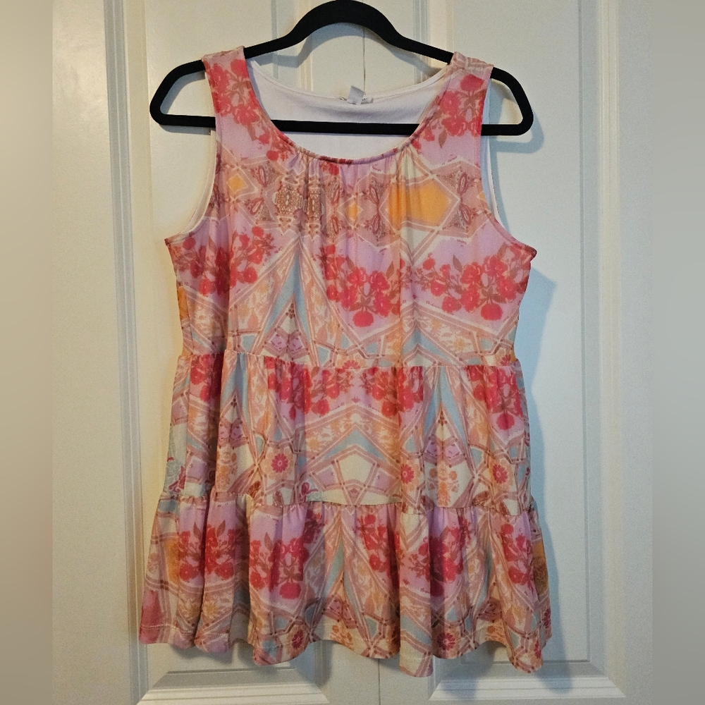 TRIBAL JEANS Womens Layered Floral Yellovango Sleeveless Tank Boho Top, SZ M